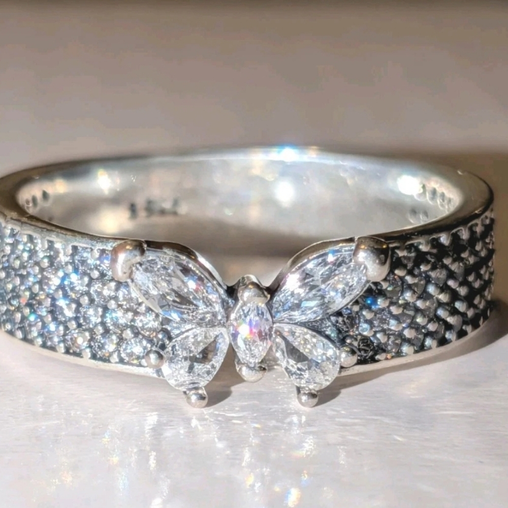 Sparkly 925 Silver Wide Butterfly Simulated Diamond Paved Statement Ring Sz 7